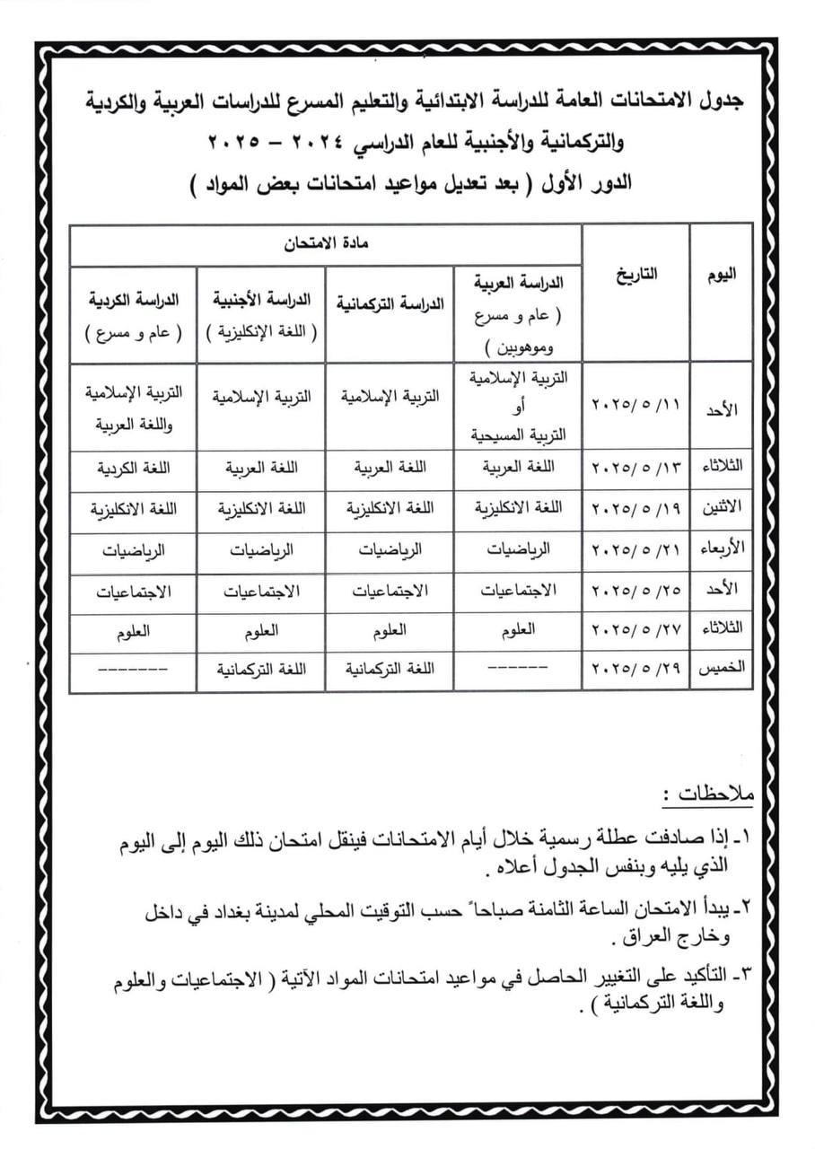 تعديل جدول امتحانات الابتدائية 2025 الدور الأول بسبب القمة العربية