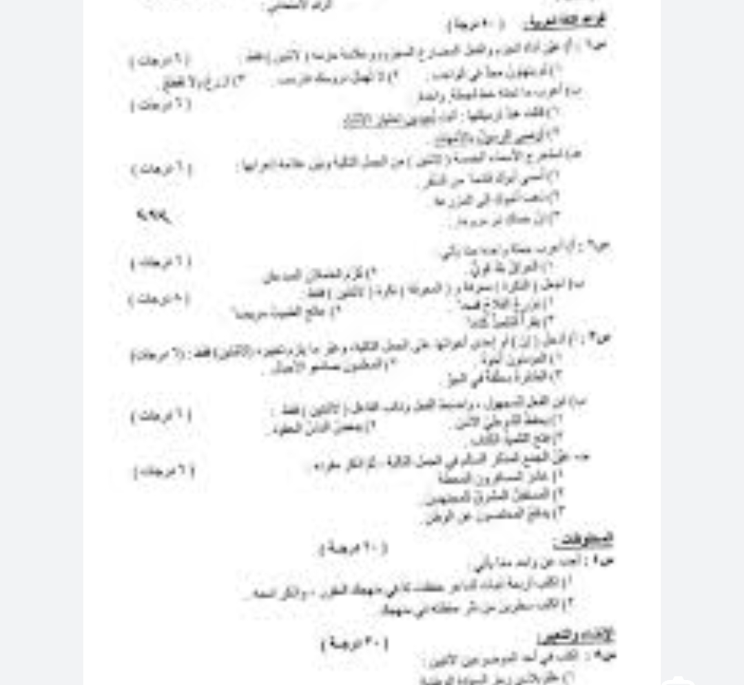 نموذج حل أجوبة أسئلة اللغة العربية الصف السادس الابتدائي الدور الاول الوزاري 2025 العراق